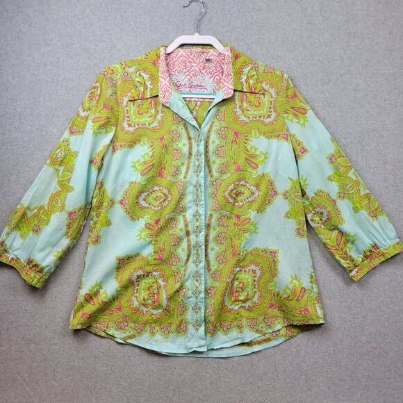 Robert Graham Shirt Womens XL Green Pink Paisley Embroidered Button Up Silk Trim - Picture 1 of 14